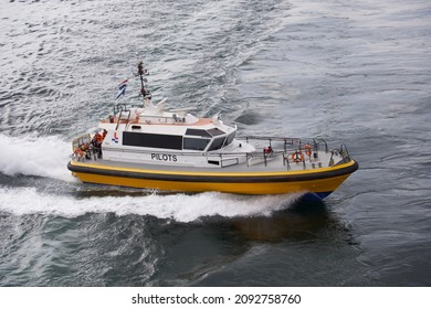 North Sea, Europe, Dutch coast - 05 29 2020: Dutch pilot vessel during pilot operations off the coast of Netherlands