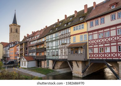 North Side Of Krämerbrücke With Agidien-Church In Cloudless Sky