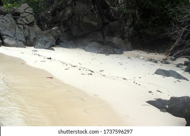 North Sulawesi, Indonesia - 7 August 2019: clean white sand with a pile of black stones that make a beautiful view in Bunaken, North Sulawesi Province, Indonesia on 7 August 2019