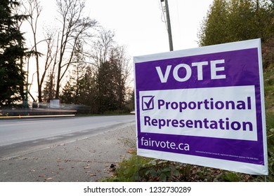 NORTH VANCOUVER, BC, CANADA - NOV 08, 2018: Signage On Dollarton Highway Reminding Citizen To Vote In BC's Electoral Reform Referendum For Proportional Representation.