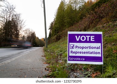 NORTH VANCOUVER, BC, CANADA - NOV 08, 2018: Signage On Dollarton Highway Reminding Citizen To Vote In BC's Electoral Reform Referendum For Proportional Representation.