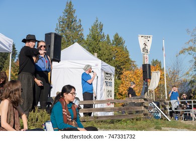 NORTH VANCOUVER, BC, CANADA - OCT 28, 2017: Speaker At The Kinder Morgan Pipeline Protest At Cates Park.