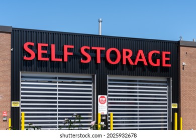 North York, Toronto, Canada - August 14, 2021: Close Up Of Self Storage Sign On The Building In North York, Toronto, Canada. Self Storage Is An Industry That Rents Storage Space To Tenants