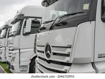 North Yorkshire, UK. 18th September 2021. Mercedes Trucks Parked In A Row