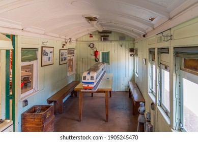 Northam, WA - Australia 11-15-2020 Inside The Passenger Carriage With A Modern Model Train On Display At The Northam Railway Station Museum.