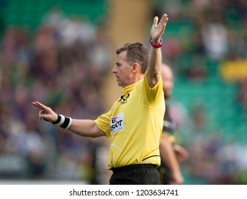 Northampton, UK. 13th October 2018. Referee Nigel Owens During The European Rugby Challenge Cup Match Between Northampton Saints And ASM Clermont Auvergne