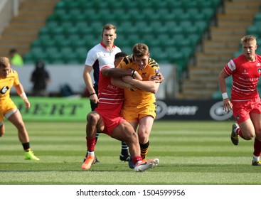 Northampton, UK. 14th September 2019. William Wilson Of Wasps Is Tackled By Joe Browing Of Leicester Tigers During The Premiership Rugby 7s At Franklin's Gardens