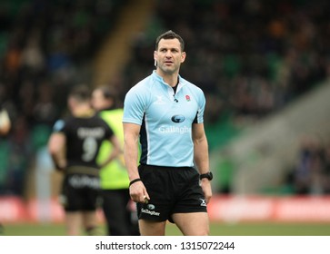 Northampton, UK. 16th February 2019. Referee Karl Dickson Looks On During The Gallagher Premiership Rugby Match Between Northampton Saints And Sale Sharks