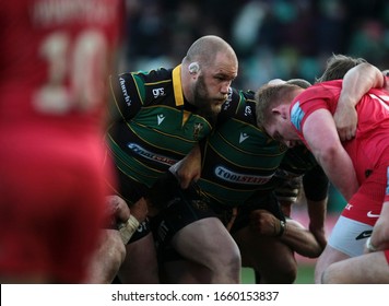 Northampton, UK. 29th February 2020. Owen Franks Of Northampton Saints Scrums Down During The Gallagher Premiership Match Between Northampton Saints And Saracens