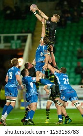 Northampton, UK. 8th December 2018. David Ribbans Of Northampton Saints Catches A Lineout Ball During The European Rugby Challenge Cup Match Between Northampton Saints And Dragons