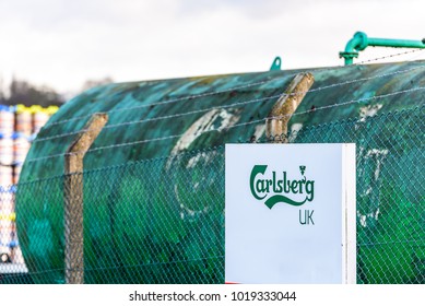 Northampton UK January 06 2018: Carslberg UK Logo Sign Over Green Tank For Liquid