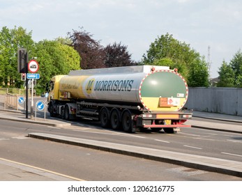 Northampton, UK - May 26, 2018: Morrisons Oil Truck On British Town City In England