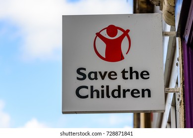 Northampton UK October 5, 2017: Save The Children Charity Logo Sign In Northampton Town Centre.