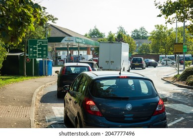 Northampton UK - Sep 26 2021: Long Car Queue At Morrisons Petrol Station. Petrol And Diesel Fuel Shortages.