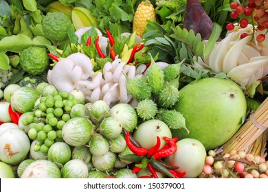 Northeastern Thai Local Vegetables And Fruits In Basket Decoration