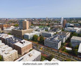 Northeastern University main campus and Huntington Avenue aerial view in Boston, Massachusetts MA, USA. 