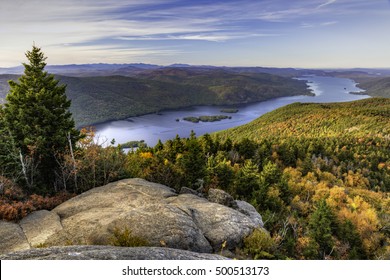 The Northern end of Lake George and the Tongue Mountain Range seen from a lookout on Black Mountain in the Adirondack Mountains of New York