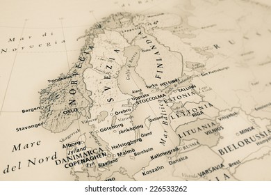 Northern Europe Map (Geographical View Altered On Colors/perspective And Focus On The Edge. Names Can Be Partial Or Incomplete)