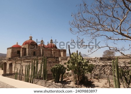 Northern Group, Grupo del Norte at the archaeological site of Mitla, Zapotec ruins and the church San Pablo Villa de Mitla, Oaxaca, Mexico 2022