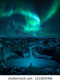 Northern Lights At Aldeyjarfoss, Iceland. Aurora Borealis At Famous Waterfall In Iceland.