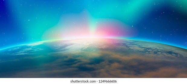 Northern Lights Aurora Borealis Over Planet Earth 