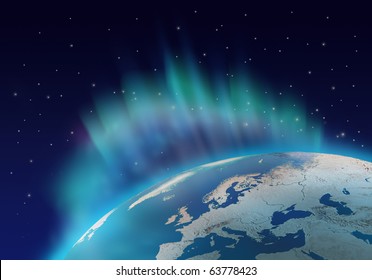 Northern Lights Aurora Borealis Over Planet Earth Northern Hemisphere