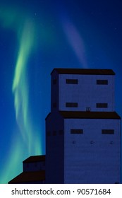 Northern Lights And Grain Elevator Saskatchewan Canada