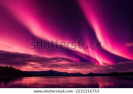 Northern Lights over lake. Aurora borealis with starry in the night sky. Fantastic Winter Epic Magical Landscape of snowy Mountains.