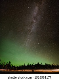 Northern Lights Seen From The Alaska Highway In Yukon, Canada. 