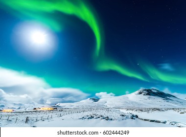 Northern Lights Sky In Alaska Winter Night Landscape. Aurora Borealis Alaska