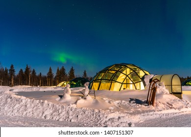 Northern Lignt In Finland Over Igloo House 