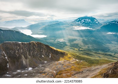 Northern Norway Mountain Landscape Aerial View Beautiful Rays Of Light Scandinavian Nature Scenery In Tromso 