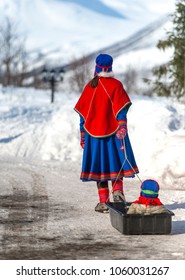 Northern Norway, A Traditional Dressed Sami Woman .Tromso Lapland