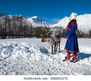 Northern Norway, A Traditional Dressed Sami Woman .Tromso Lapland