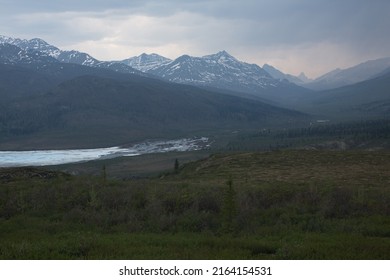 Northern Peaks Snowy Tundra River Trees Overcast Cloudy Sky