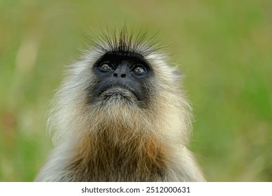 The Northern Plains gray langur, native to northern India, is a large primate with gray fur. It thrives in forests, feeds on leaves and fruits, and lives in social groups. - Powered by Shutterstock