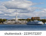 Northern River Station or River Station in Moscow. View from the river to the vozkal and a large motor ship