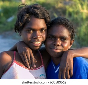 NORTHERN TERRITORY, AUSTRALIA - APRIL 29 2009: A portrait of two young aboriginal girls in Arnhem Land, Northern Territory, Australia