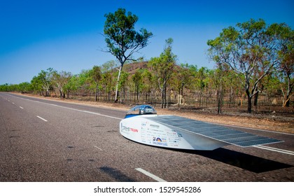 Northern Territory / Australia - October 13th 2019: Kogakuin University Solar Team with their car, KUTE Eagle, drive through Australian outback.