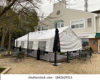 Northfield, IL/USA-October 27 2020 - Tapas Gitana Restaurant Prepares For Coronavirus Indoor Dining Restrictions By Setting Up Outdoor Patio Tents.