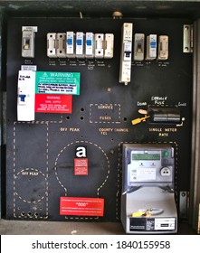 Northmead NSW Australia October 14th 2020: A Domestic Electrical Switch And Meter Box On An Australian House With A Solar Back To Grid System In NSW.