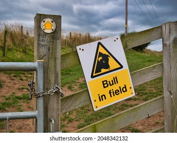 Northumberland, UK - Sep 11 2021: A yellow and black sign fixed to a wooden fence warns walkers of a bull loose in a field ahead.
