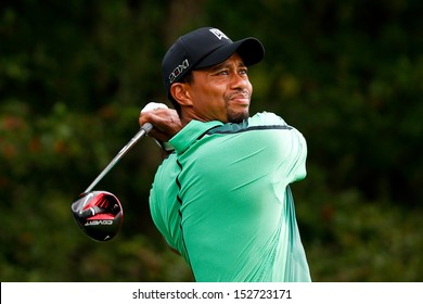 NORTON, MA-SEP 1: Tiger Woods Tees Off The Fourth Hole During The Third Round At The Deutsche Bank Championship At TPC Boston On September 1, 2013 In Norton, Massachusetts. 