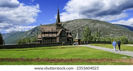 Norvegian stave church Lomskyrkja in Lom, Norway. The historic wooden stave Lom Stave Church, Middle ages.