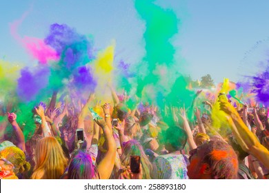 Norwalk, California, USA - March 7, 2015: People Celebrating During The Color Throw At The Holi Festival Of Colors