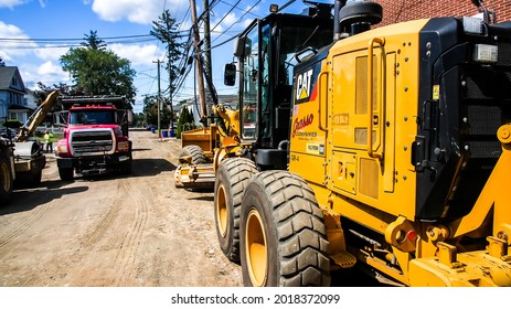 NORWALK, CT, USA - AUGUST 2, 2021: Road Construction Heavy Machinery From Grasso Companies On Street In Summer Day