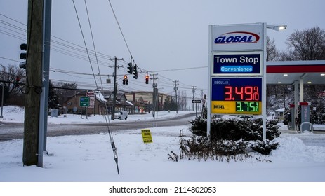 NORWALK, CT, USA - JANUARY 29, 2022: Global gas station near Post Road  as powerful Winter Storm Kenan slams into eastern US