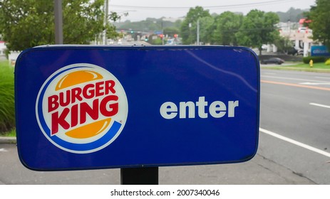 NORWALK, CT, USA - JULY 13, 2021: Burger King sign near Post Road