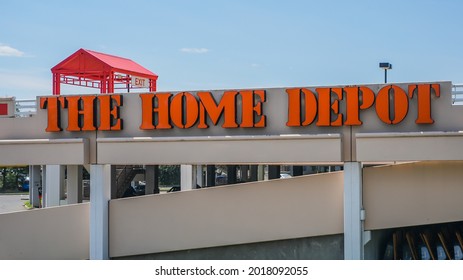 NORWALK, CT, USA - JULY 31, 2021: The Home Depot sign on building near Post Road in nice summer day