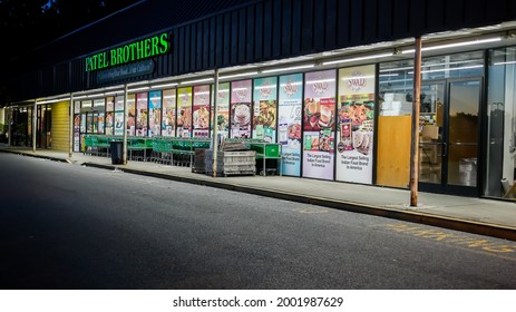 NORWALK, CT, USA - JUNE, 24, 2021: Patel Brothers store front with evening lights